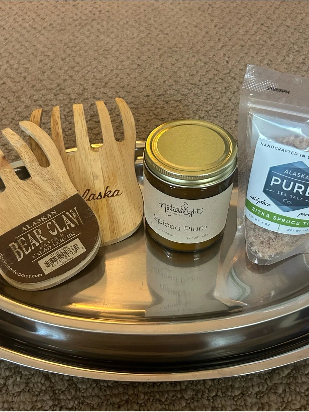 Two Silver trays, salad tongs, sea salt & candle